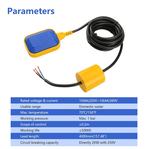 Baomain 4M 13ft Cable Float Switch Water Level Controller for Tank Pump