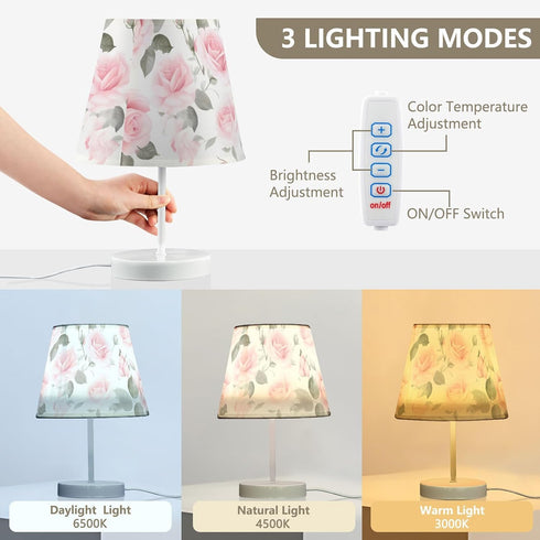 3 ALAZA Bedside Lamp Pink Rose Floral Roses Table Lamp for Bedroom Desk Lamp with USB Port LED Nightstand Color
