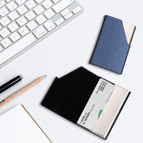 homEdge Business Card Holder, Slim Professional 2 Packs PU Leather + Stainless Steel Case - Black and Blue