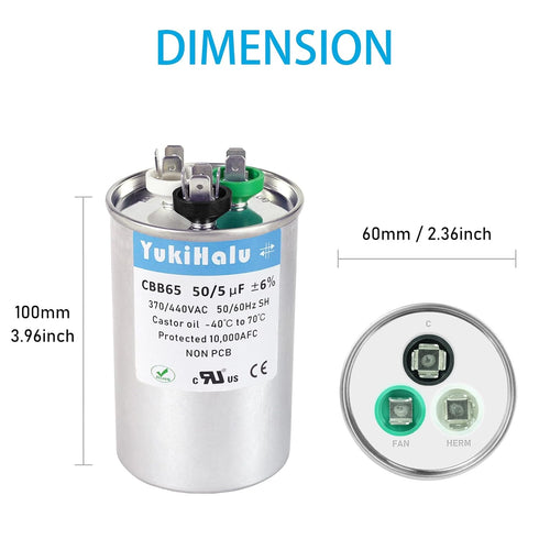 YukiHalu 50+5 uF 50/5 MFD 370 or 440 VAC CBB65 Dual Run Capacitor for Air Conditioner, Motor Run, Heat Pump