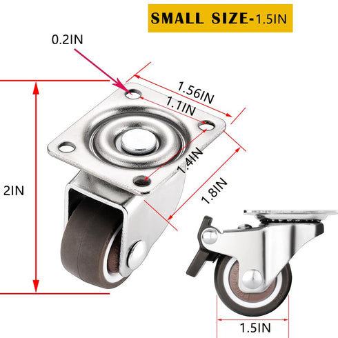 8Pcs 1.5 Inch (4 4 Low Profile Swivel Casters Wheels, Small Heavy Duty Rubber Rolling Wheels with Lock Metal Plate