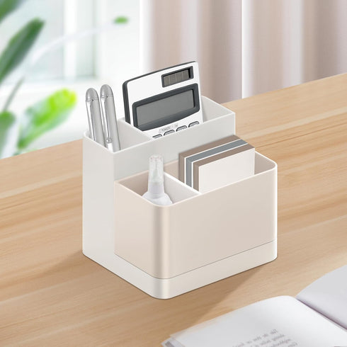Poeland Desktop Storage Organizer Pencil Card Holder Box for Desk, Office Supplies, Vanity Table Tan