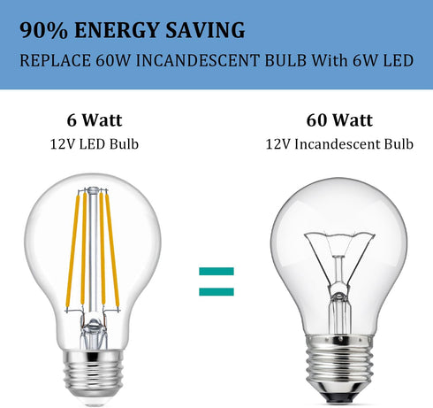 KEIVO 12V LED Bulb, 60 Watt Equivalent, 12-24V AC/DC, 6W 800lm, E26 Base, A19 Low Voltage, 3 Pack