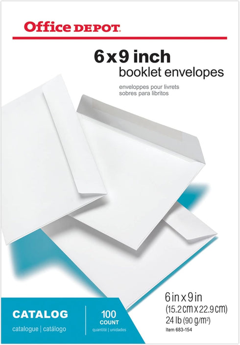 Office Depot Booklet Envelopes, 6in. x 9in., White, Box Of 100 for Mailing & Organizing