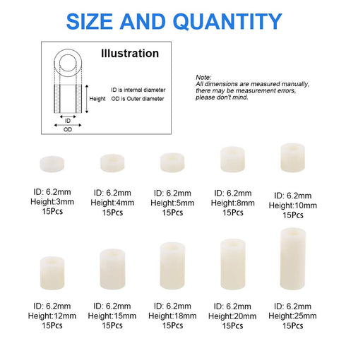 Glaks 150Pcs Nylon Round Spacer Assortment Kit, 10 Sizes, OD 11mm ID 6.2mm for M6 Screws, Nylon Standoff