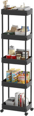 Sooyee 5-Tier Plastic Rolling Utility Cart with Wheels, Multi-Functional Storage Trolley for