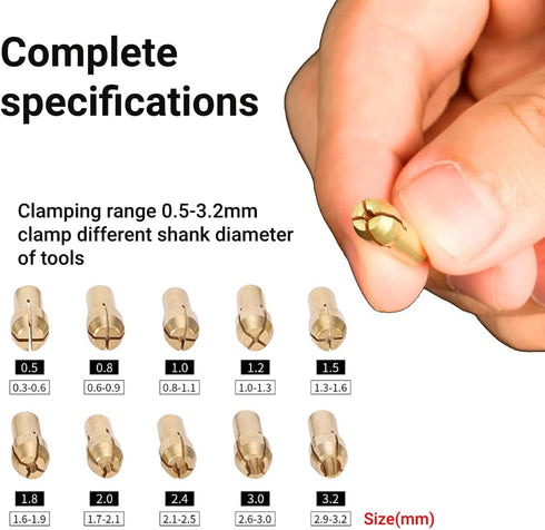 11pcs 4-jaw Copper Drill Chuck Collet Set for Mini Electric Grinder Rotate Tool 0.5-3.2mm Rotating Tool Accessories with Collet Cap