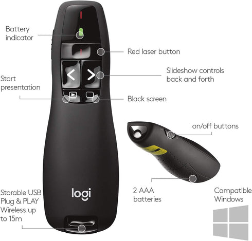 Logitech R400, Wireless Presenter USB-A PowerPoint Clicker with Laser Pointer, Wireless Presentation Clicker Remote