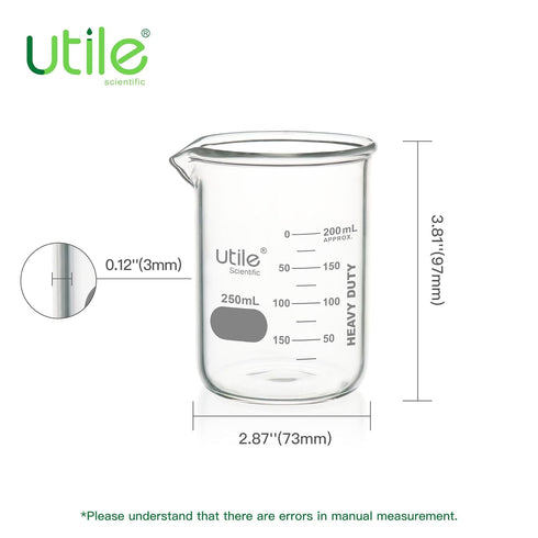 Utile 6pcs Heavy Duty Glass Beakers, 250ml (8.5oz), Borosilicate 3.3 Glass with Printed Graduation