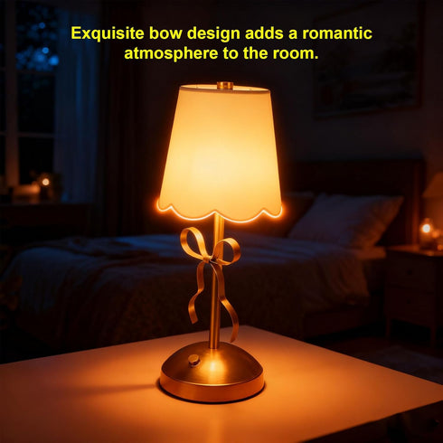 11.81in Small Bow Table Lamp, Rechargeable Cute Coquette Bow Table Lamp with Fabric Shade Bedside Light Desk Lighting