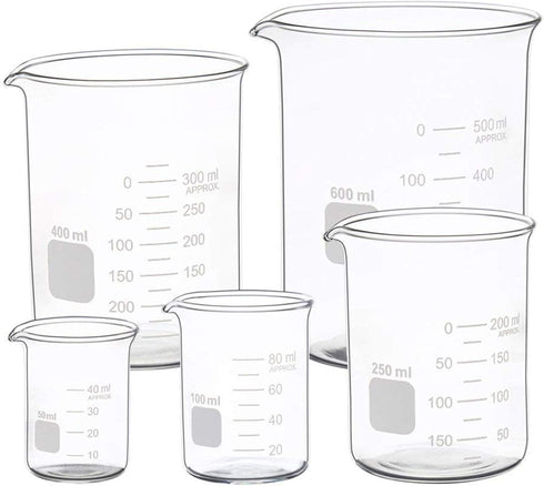 Glass Measuring Low Form Beaker Set, Graduated Beaker Set (50ml + 100ml + 250ml + 400ml + 600ml)