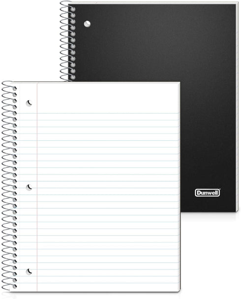 Dunwell 1-Subject Spiral Notebook, Black Plastic Cover, 100 Sheets (200 Pages) Wide Rule, 8x10.5 Paper