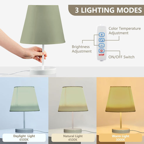 GOODOLD 3 6x11 Sage Green Solid Table Lamp for Bedroom, Lighting Modes LED Bedside Lamps Fabric Shade Desk Lamp