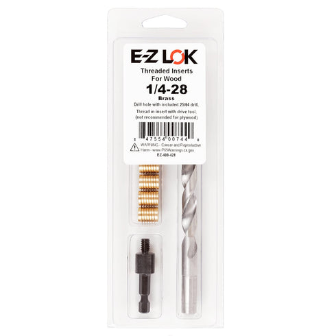 E-Z LOK 400-428 Threaded Inserts for Wood - Brass Installation Kit with 1/4-28 Knife Thread Inserts