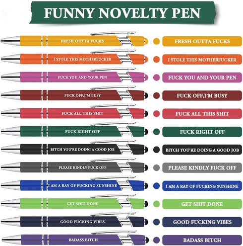 AUAUY 12 PCS Funny Pens, Fun Ballpoint Pen Set with 12 Replacement Refills, 2 in 1 Metal Stylus Pens, Funny Office