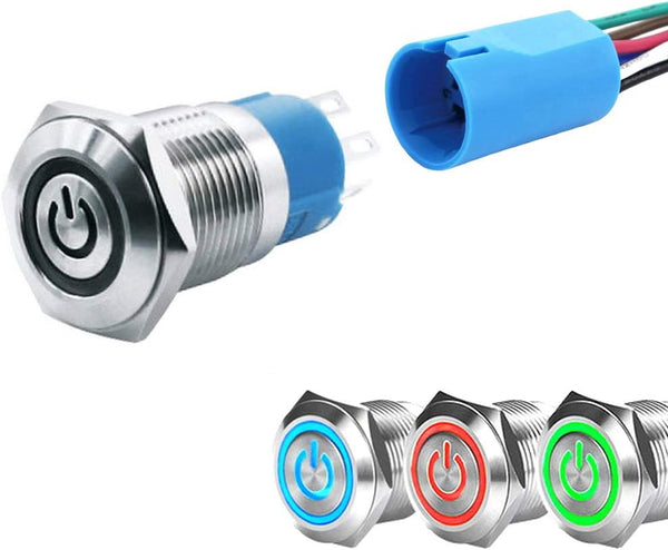 WerFamily Tri-color LED Momentary Push Button Switch, 16mm, 1NO 1NC SPDT ON/OFF Waterproof with Wire Socket Plug