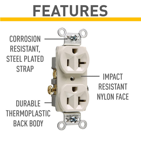 Pass & Seymour CR20LACC12 20 Commercial (1 Count) Legrand Amp Specification Grade Duplex Receptacle Outlet, Side Wire