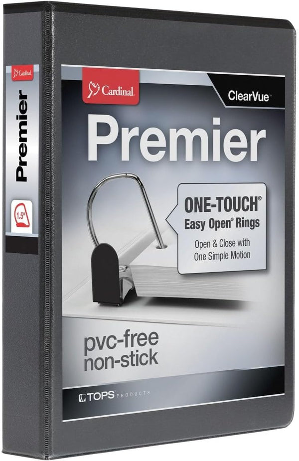 Cardinal 3 Ring Binder, 1.5 Inch Premier Easy Open Binder, ONE-TOUCH Locking Slant-D Rings, Black (10311)