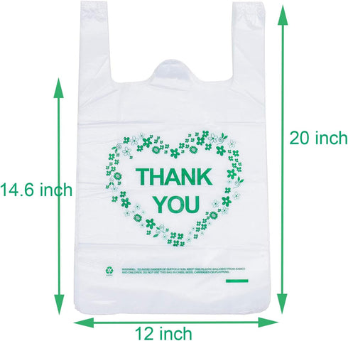 LazyMe Thank You T Shirt Bags, White Plastic Grocery Bags with Handles, 12 x 20 inch (50 pcs)