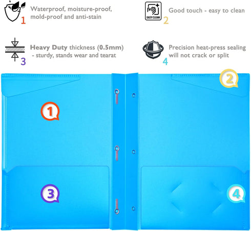 Heavy Duty Plastic Folders with Clear Front Pocket, 6PCS, 3 Pockets Folders with Prongs for Letter Size Sheets