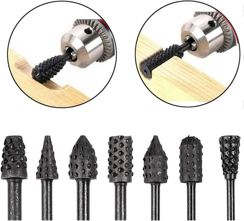10pc Carbon Steel Rotary Burr Rasp Set, 1/8''(3mm) Shank Wood Carving File Rasp Drill Bits for DIY Woodworking,