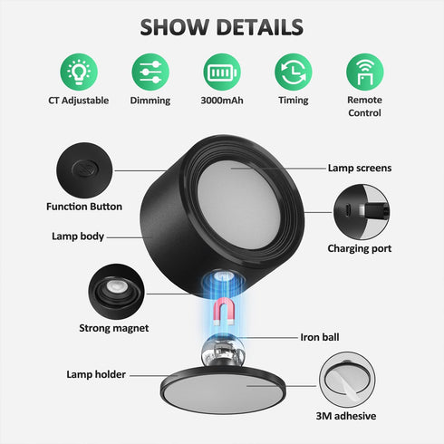 Racokky 2 3 Dimmable 360 3000mAh LED Wall Lights Pcs, Wall Lamp Color Temperatures & Magnetic Rotation with Remote