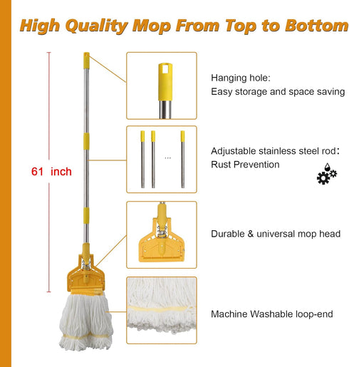 Commercial Mop Heavy Duty Industrial Cotton Mop, 61 inch Metal Mop Stick for Home, Garage, Office, 2 Pack