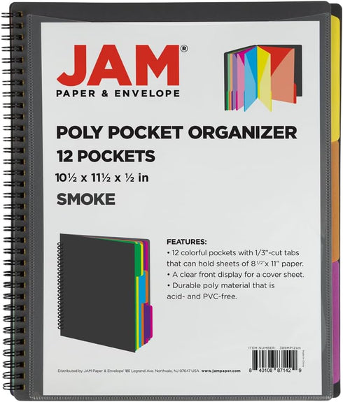 JAM PAPER Plastic Multi Pocket Folder, 12 Pocket Organizer with Zipper Pouch, Smoke Grey with Colorful Tabs