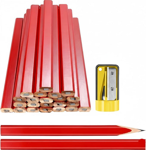 Set 20 2 Bexter Carpenter Pencil with Sharpeners Red Flat Woodworking Marking Tools + Sharpeners for Construction