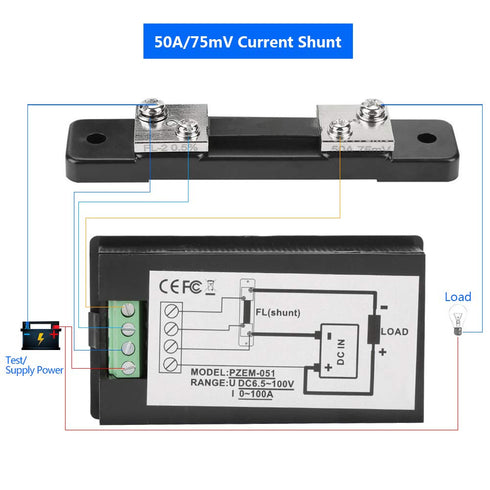 PZEM-051 LCD Display Digital Electric Power Energy Meter, DC 6.5-100V, Built-in Shunt (50A Shunt)