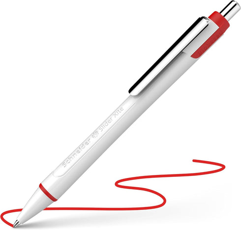Schneider Slider Xite XB Ballpoint Pen, Refillable, 1.4 mm, White Barrel with Blue Accents, Red Ink, Box of 10