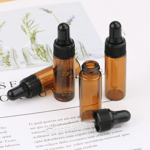15Pcs Amber Glass Dropping Bottles (1ml, 2ml, 3ml, 5ml) - Mini Essential Oil Dropper Bottles with Black Cap