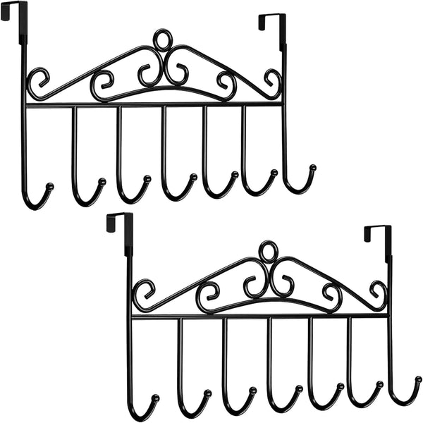 Over The Door Hook, 2 Pieces Towel Rack & Coat Rack Hanger with 7 Hooks (Black)