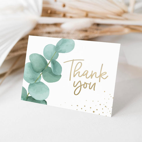 STELA & VINE (48 Pack) 300gsm 4x6 Eucalyptus Thank You Cards with Envelopes - Thick Matte Cardstock - Gold Foil