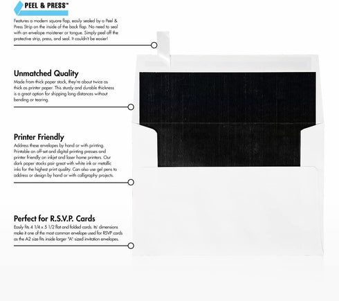 LUXPaper A2 Foil Lined Invitation Envelopes | 4 3/8" x 5 3/4" | White w/Black LUX Lining | 70lb. Text | 50 Qty