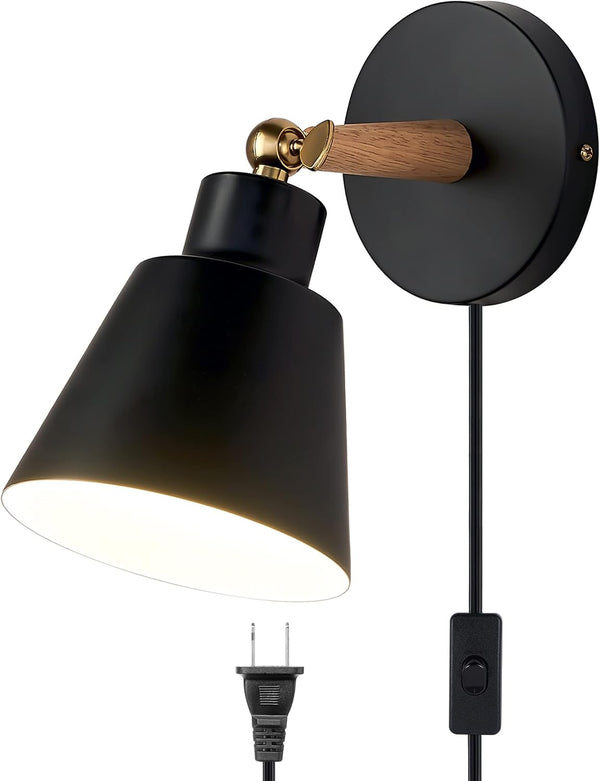 ClanKin Plug in Wall Sconces Lighting, Black Wood Style Wall Sconce Reading