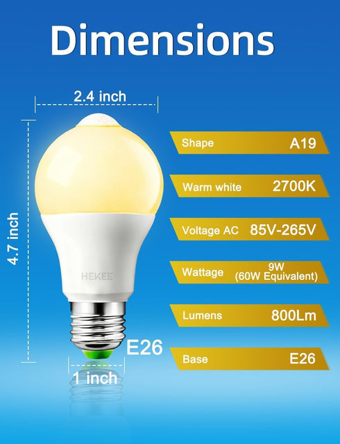 HEKEE Bulb 9W A19 60W 810 E26 Bulbs (4 Packs) Motion Sensor LED Light PIR Built-in IR Equivalent Bright Lumens Base
