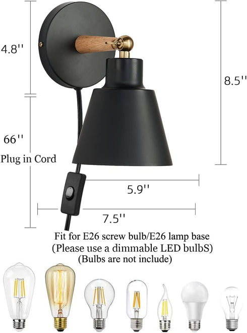 (1, ClanKin Plug in Wall Sconces Lighting, Black Wood Style Wall Sconce Reading Lamp, Adjustable Wall Light for Bedroom