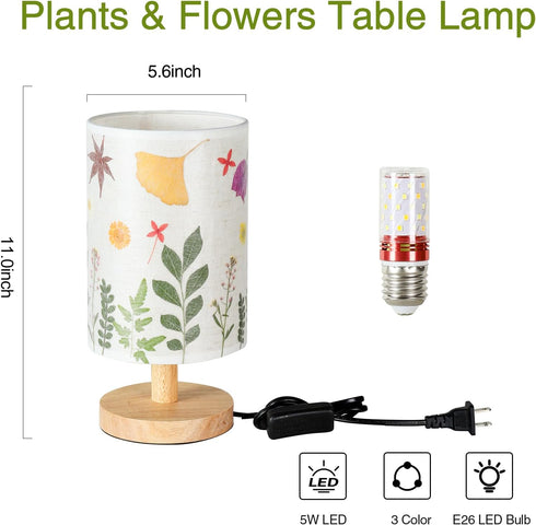 5W 3Color Pressed Flowers Table Lamp LED Temperatures Dried Flower Bedside Lamp Linen Shade with Wood Base for Bedroom