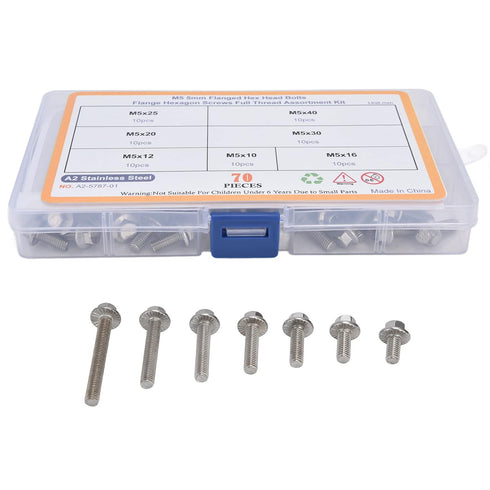 Flanged Hex Head Bolts Assortment Kit, 70 Pcs M5 Flange Hexagon Screws, Stainless Steel Hardware Accessory