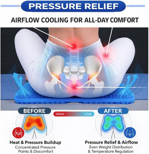 VIVAMINT Tailbone Large Gel Seat Cushion for Long Sitting, Cooling Gel Cushion for Office Chair, Sciatica Coccyx Pain