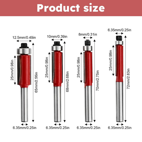 Kazheon 4pcs Set 1/4 Inch 1/2", 3/4", 1", 1-1/4", 1-1/2"(Color:as Flush Trim Router Bit Shank Top Bearing Flush Trim