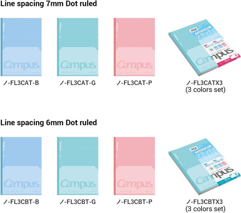 KOKUYO Campus Feels Flat Notebooks, Semi-B5, 30 Sheets, 35 Lines, Pack of 3, Blue, Green, Pink, Japan Import
