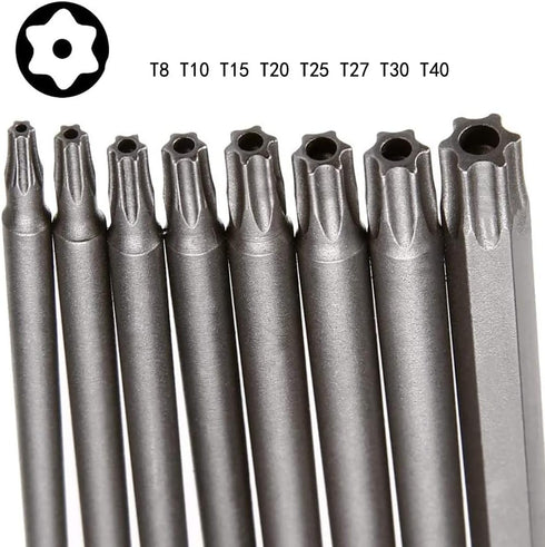 Fongmore 8PCS 100mm S2 Set 1/4 Inch T8 T10 T15 T20 T25 T27 T30 T40 Steel Torx Security Head Screwdriver Drill Hex Shank