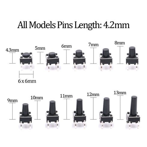 Hilitchi 200-Pcs Tactile Push Button Switch Micro Momentary Tact Assortment Kit, 6 x 6mm, 10 Value / 4 Pins