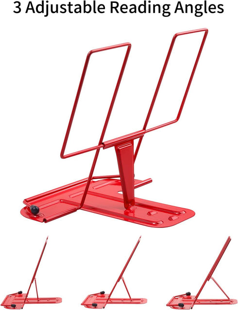 MSDADA Metal Book Stand for Desk, Adjustable Cookbook Holder, Portable Documents Holder with Page Clips (Red)