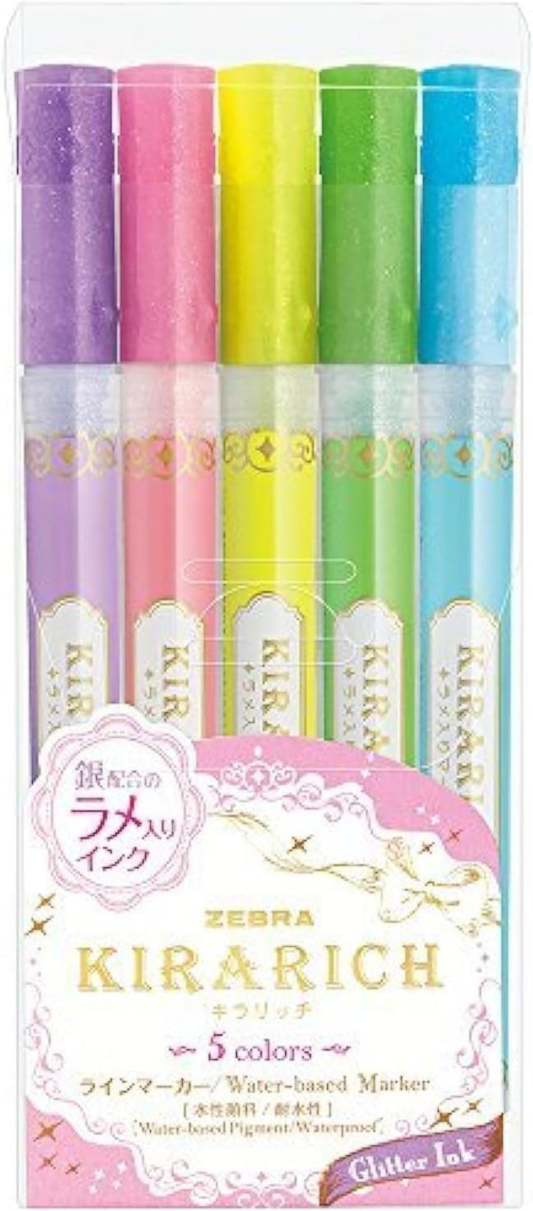 Zebra Glitter Highlighter Kirarich Pack of 5 (WKS18-5C), 2 Set for School and Office
