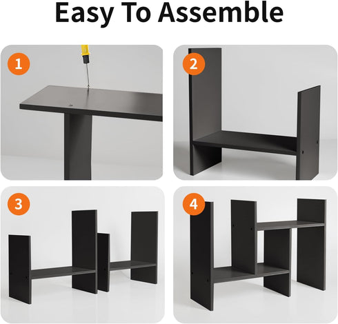 YSJILIDE Wood Adjustable Small Desktop Bookshelf, Expandable Storage Organizer, Office Supplies Desk Rack (Black)