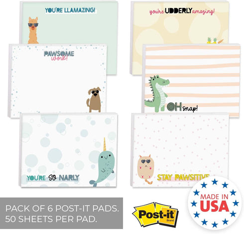 Cute Animal Pun Sticky Note Pads / 4" x 3" Clever Sticky Notes/Set of 6 Pads / 50 Sheets Per Pad/Trendy Gift Idea/Made in The USA by Gotcha Covered Notebooks