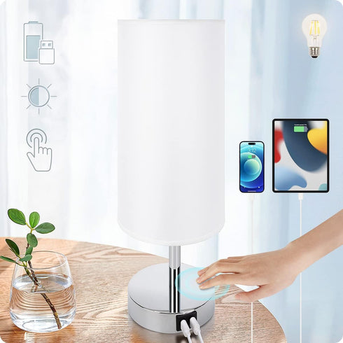 Yarra-Decor Bedside Lamp with USB Port, Touch Control 3 Way Dimmable Nightstand Lamp with Round White Shade